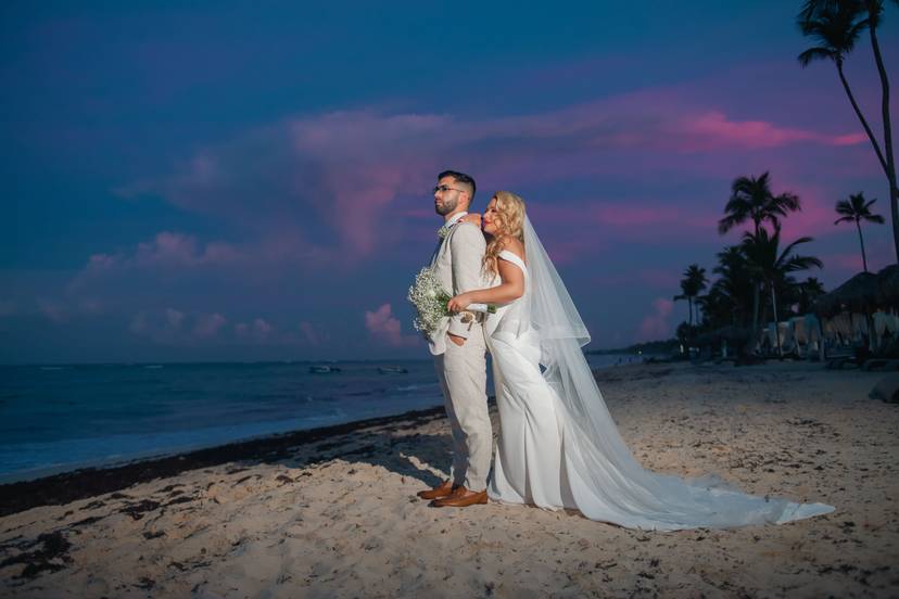 Punta Cana beach wedding photography at sunset with professional setup